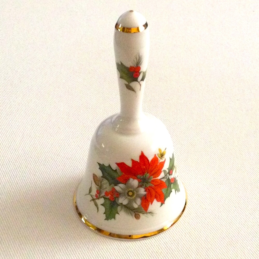 3/$10 | Duchess Holiday Bone China Bell with Poinsettia Design and Gold Trim